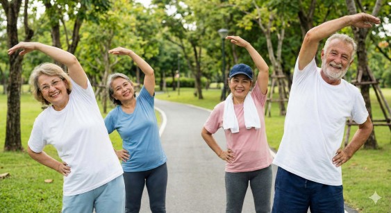屋外で運動を楽しむシニアの方々
